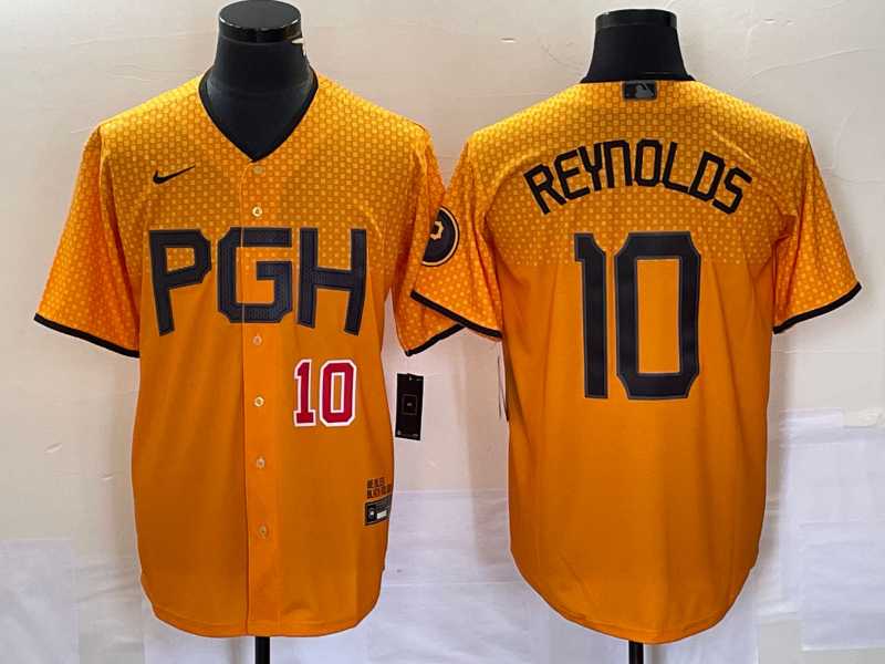 Mens Pittsburgh Pirates #10 Bryan Reynolds Number Gold 2023 City Connect Stitched Jersey->pittsburgh pirates->MLB Jersey
